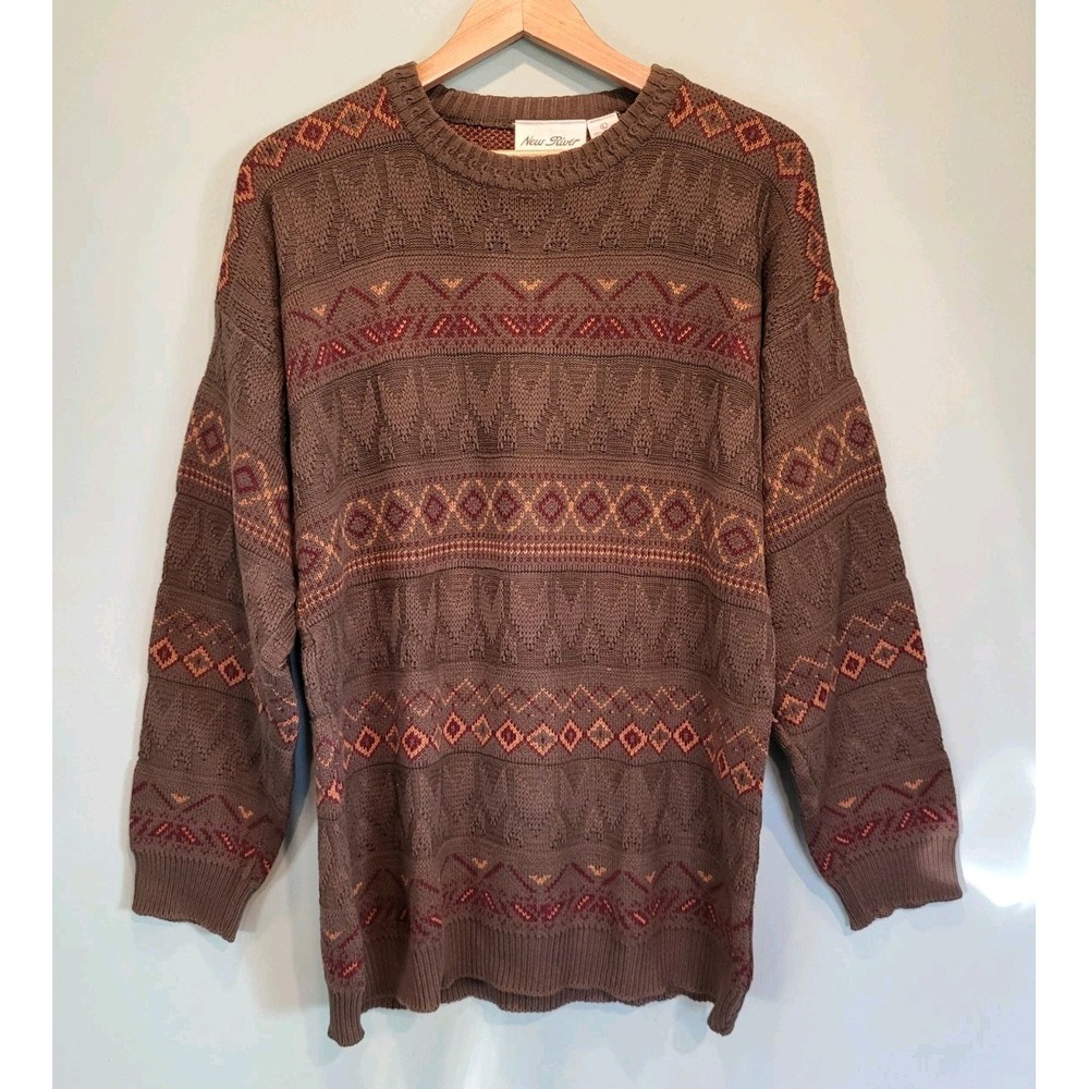 Vtg Mens New River Crewneck Sweater Army Green Burgundy Geometric L